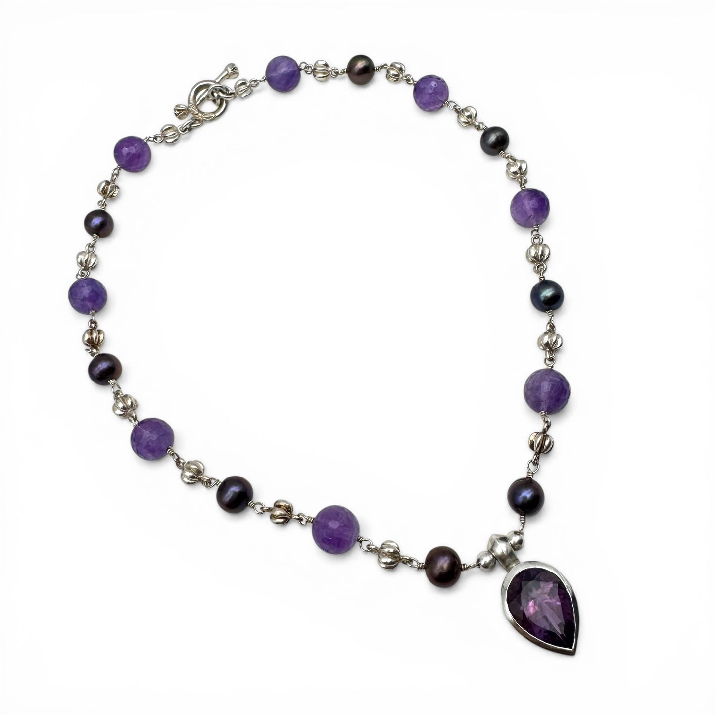 Dower & Hall Amethyst & Freshwater Peacock Pearl Talisman Necklace Engraved 'Love Happiness Luck' in Original Box