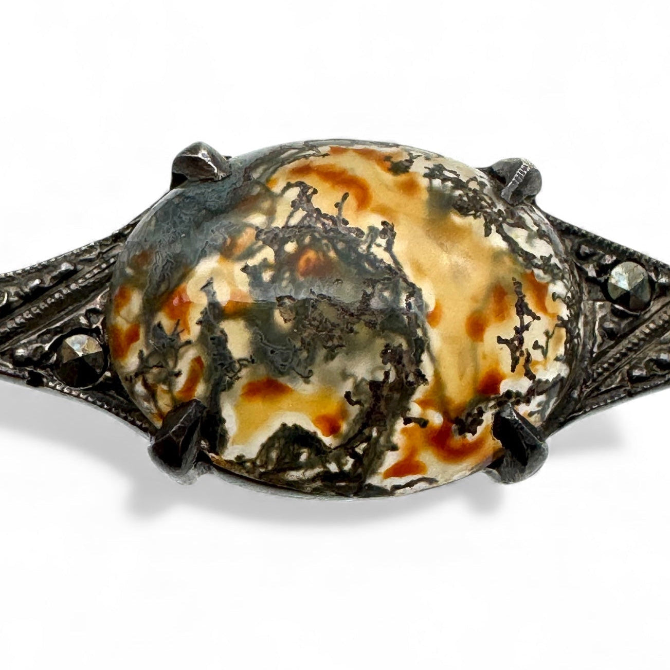 Victorian Scottish Carnelian Moss Agate and Marcasite Silver C Clasp Bar Brooch c. 1880–1900