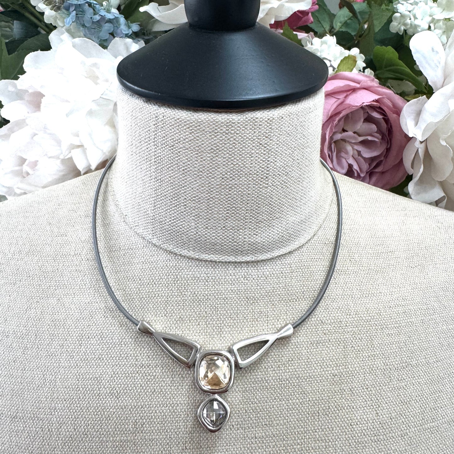 Pierre Lang Rhodium Plated Faceted Crystal Pendant Necklace with Integral Omega Chain