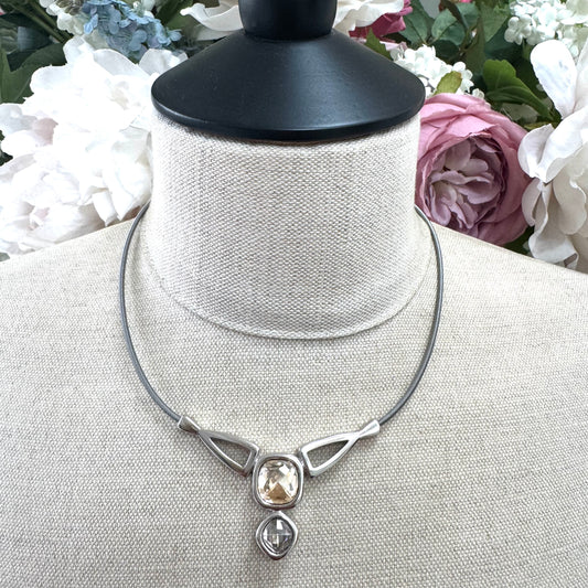 Pierre Lang Rhodium Plated Faceted Crystal Pendant Necklace with Integral Omega Chain