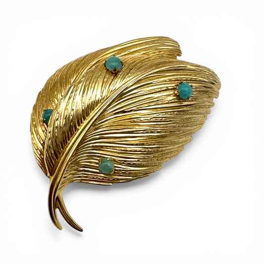 Grosse Germany 1962 Gold Plated Double Leaf Brooch with Turquoise Glass Accents