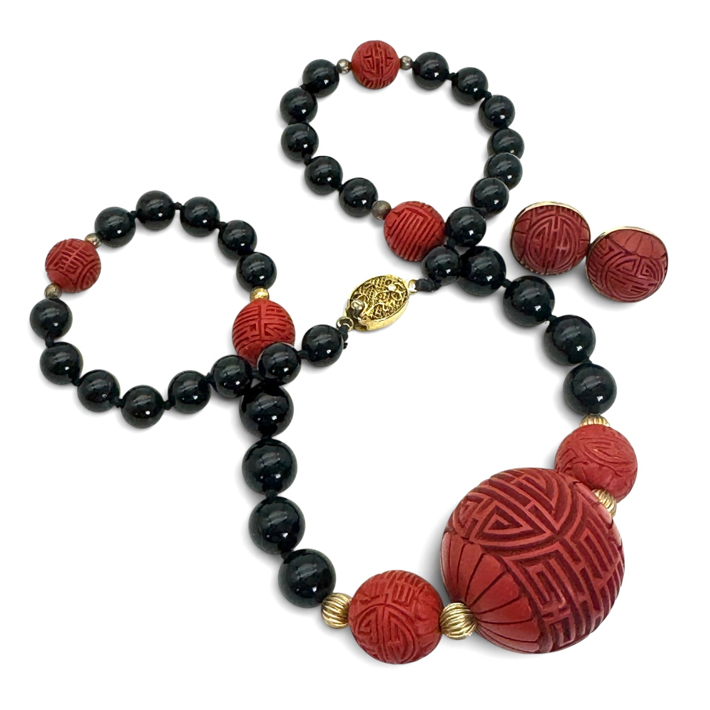 Mid-Century Chinese Export 'Cinnabar Style' Black Onyx Bead Necklace & Earring Suite