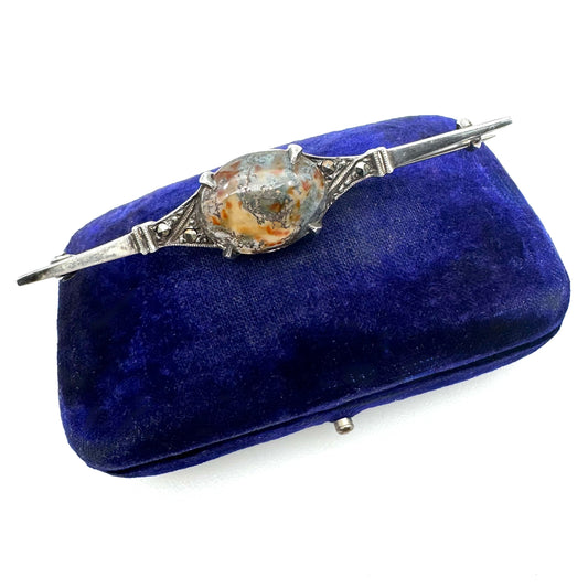 Victorian Scottish Carnelian Moss Agate and Marcasite Silver C Clasp Bar Brooch c. 1880–1900