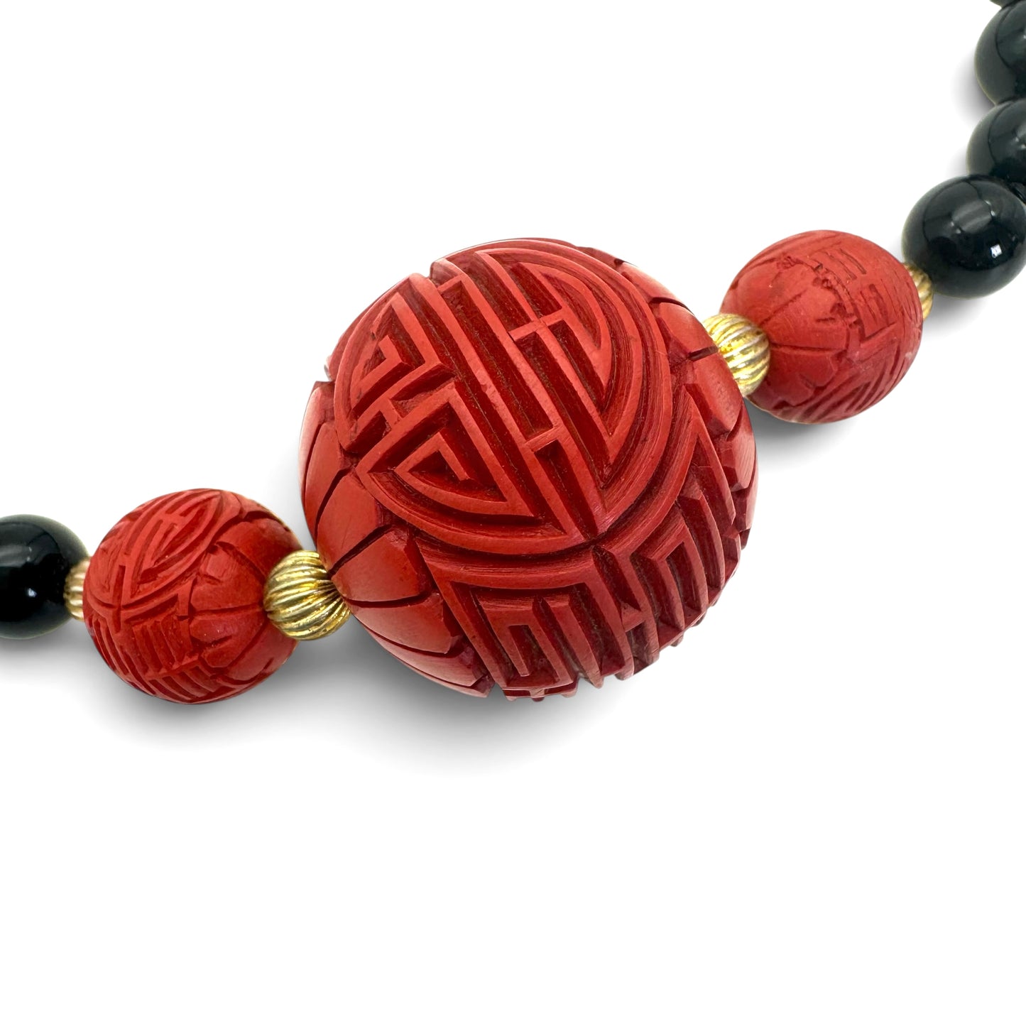 Mid-Century Chinese Export 'Cinnabar Style' Black Onyx Bead Necklace & Earring Suite