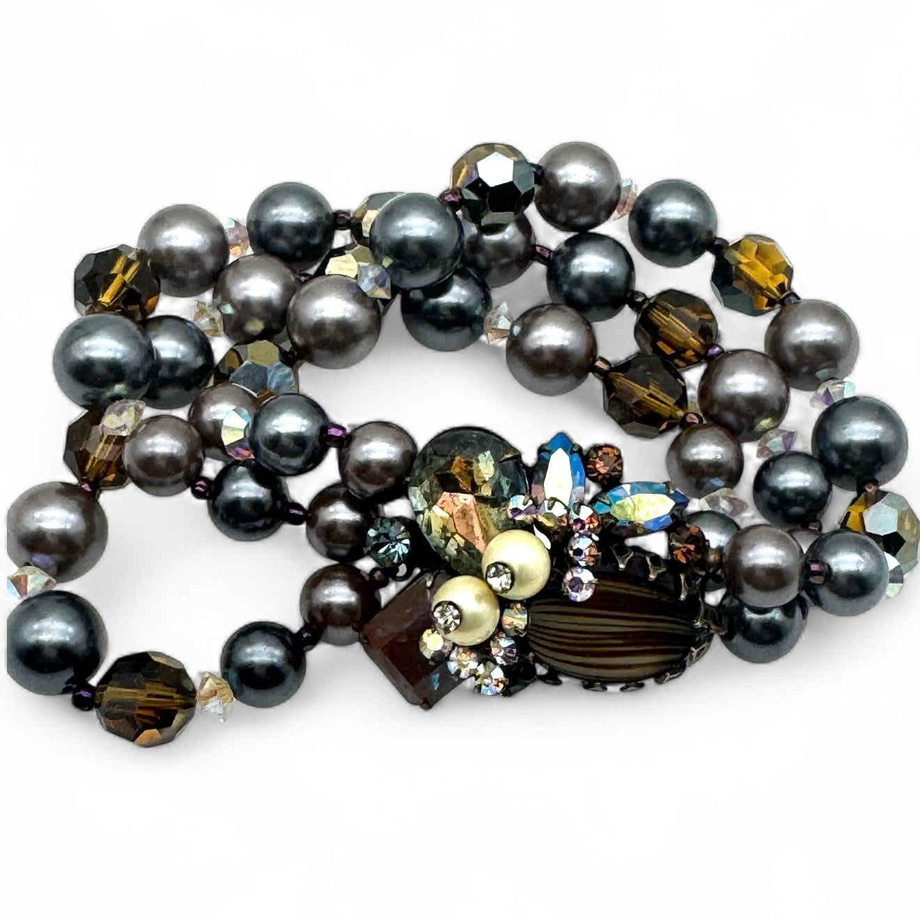 Marvella Sappharine / Saphiret Three Strand Smoky Grey and Chocolate Bronze Faux Pearl Bracelet with Cluster Slide Clasp
