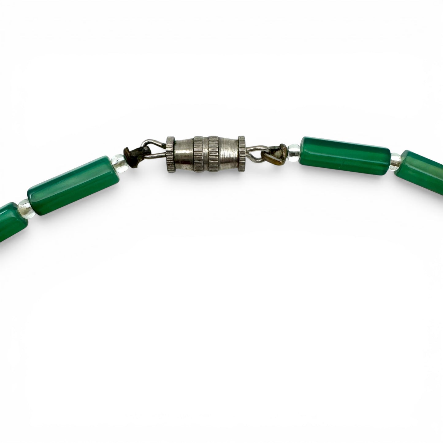 Vintage Art Deco Chrysoprase Hexagonal Tube Bead Necklace with Large Translucent Oval Pendant with Rock Crystal Spacers