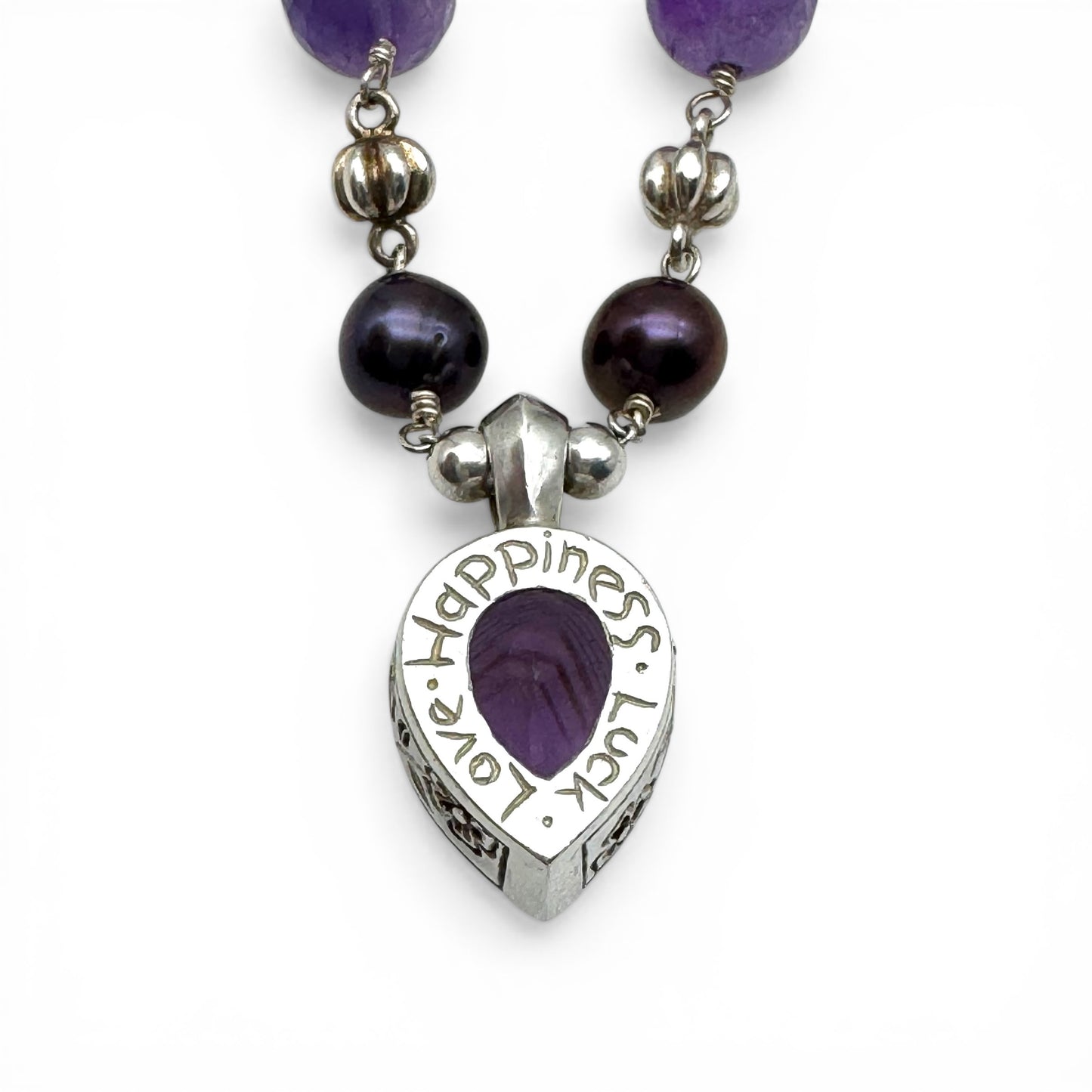 Dower & Hall Amethyst & Freshwater Peacock Pearl Talisman Necklace Engraved 'Love Happiness Luck' in Original Box
