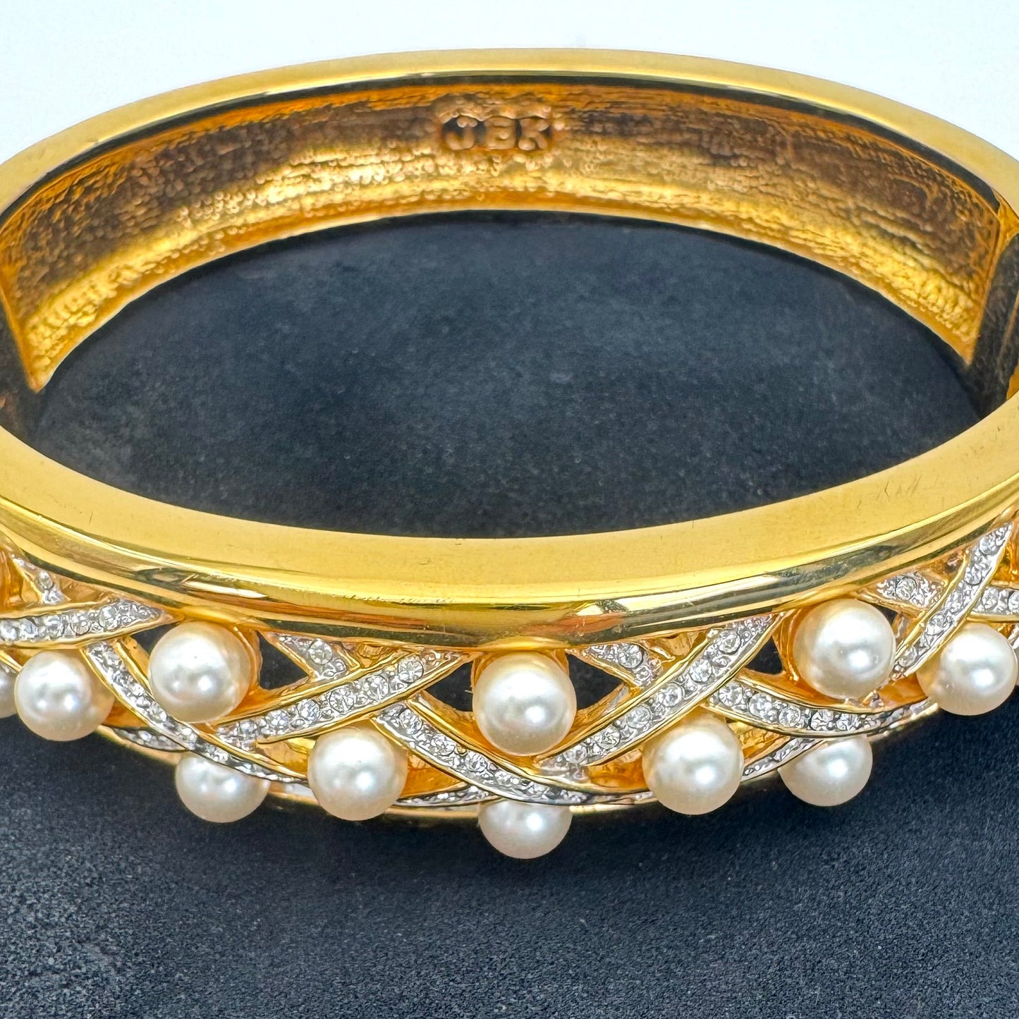 Camrose and Kross JBK 18ct Gold Plated Lattice Glass Faux Pearl and Swarovski Crystal Hinged Bangle