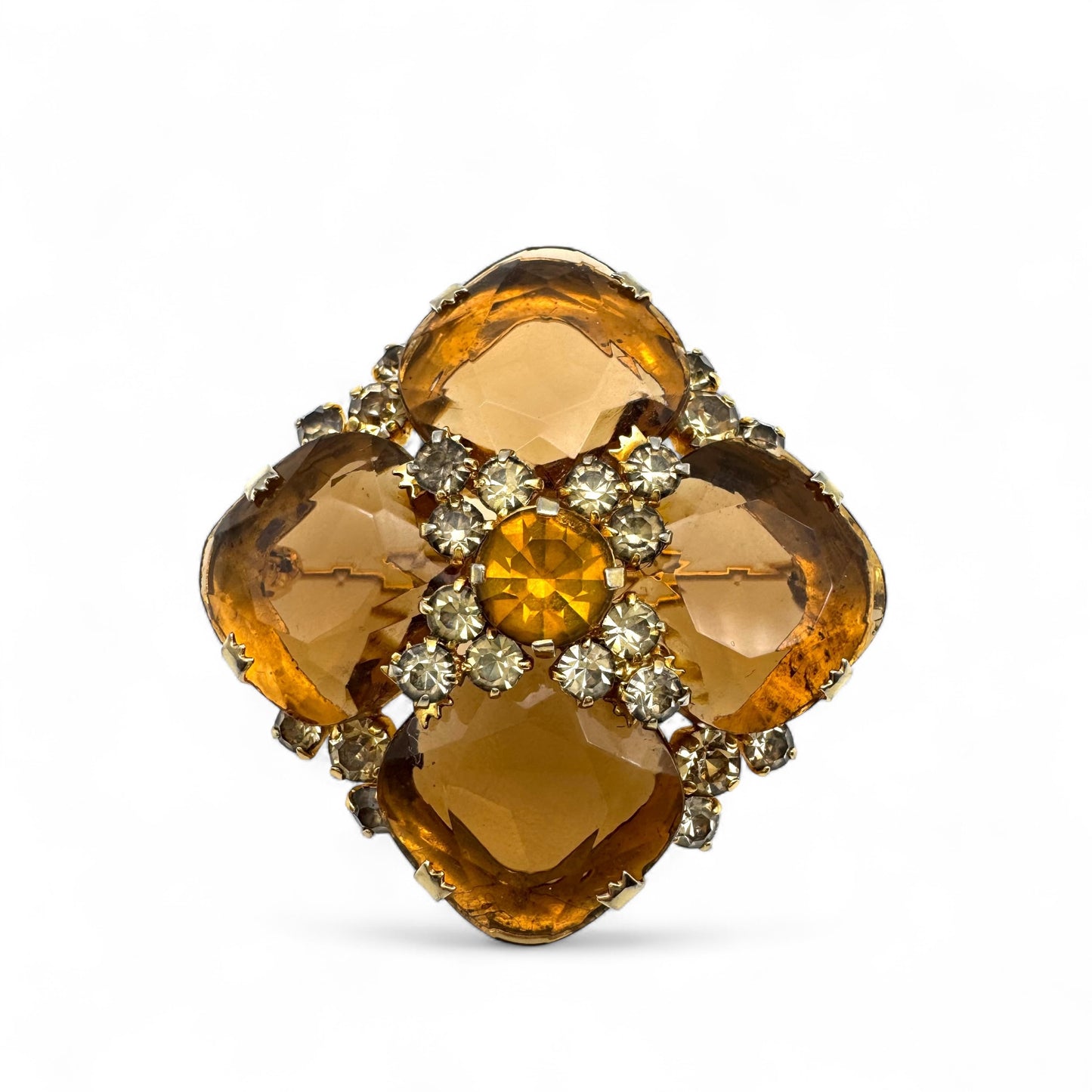 1950s Open Back Cushion-Shaped Topaz Glass Quatrefoil Brooch
