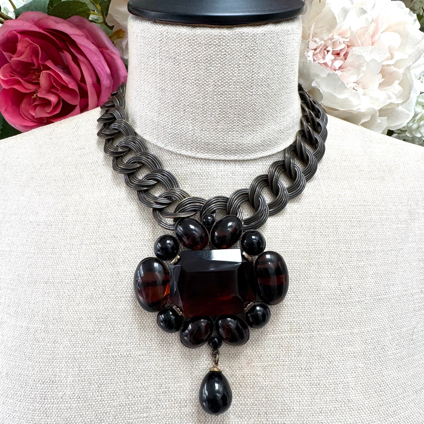 Philippe Ferrandis Huge Antique Bronze Double Flat Link Brown, Black and Striped Topaz Glass Statement Necklace and Bracelet Set