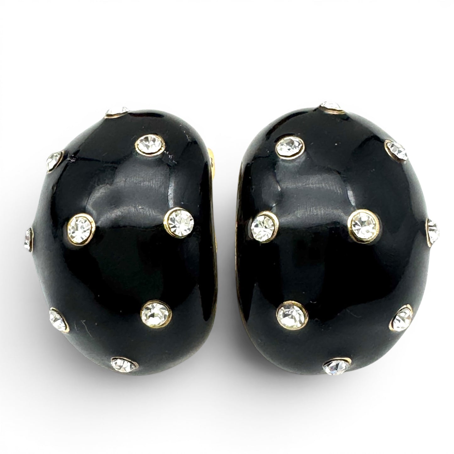 Vintage 1980's Black Enamel and Clear Rhinestone Concave Clip On Earrings