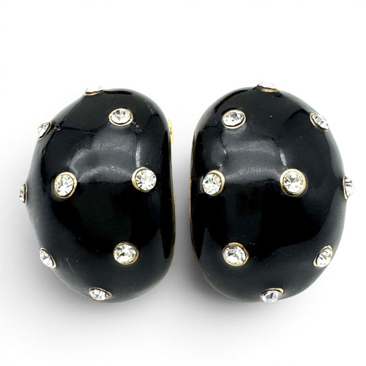 Vintage 1980's Black Enamel and Clear Rhinestone Concave Clip On Earrings