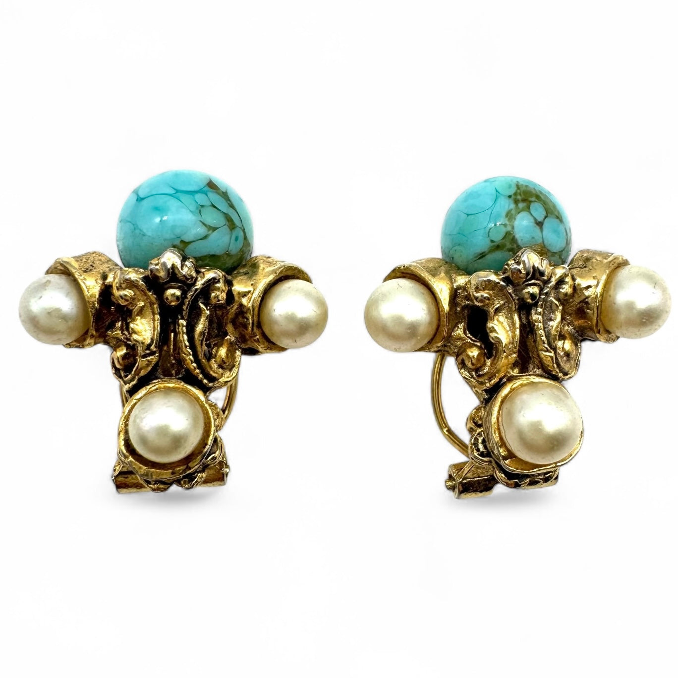 1950s Turquoise Pâte de Verre and Faux Pearl Clip On Earrings In The Manner of Robert Goossens