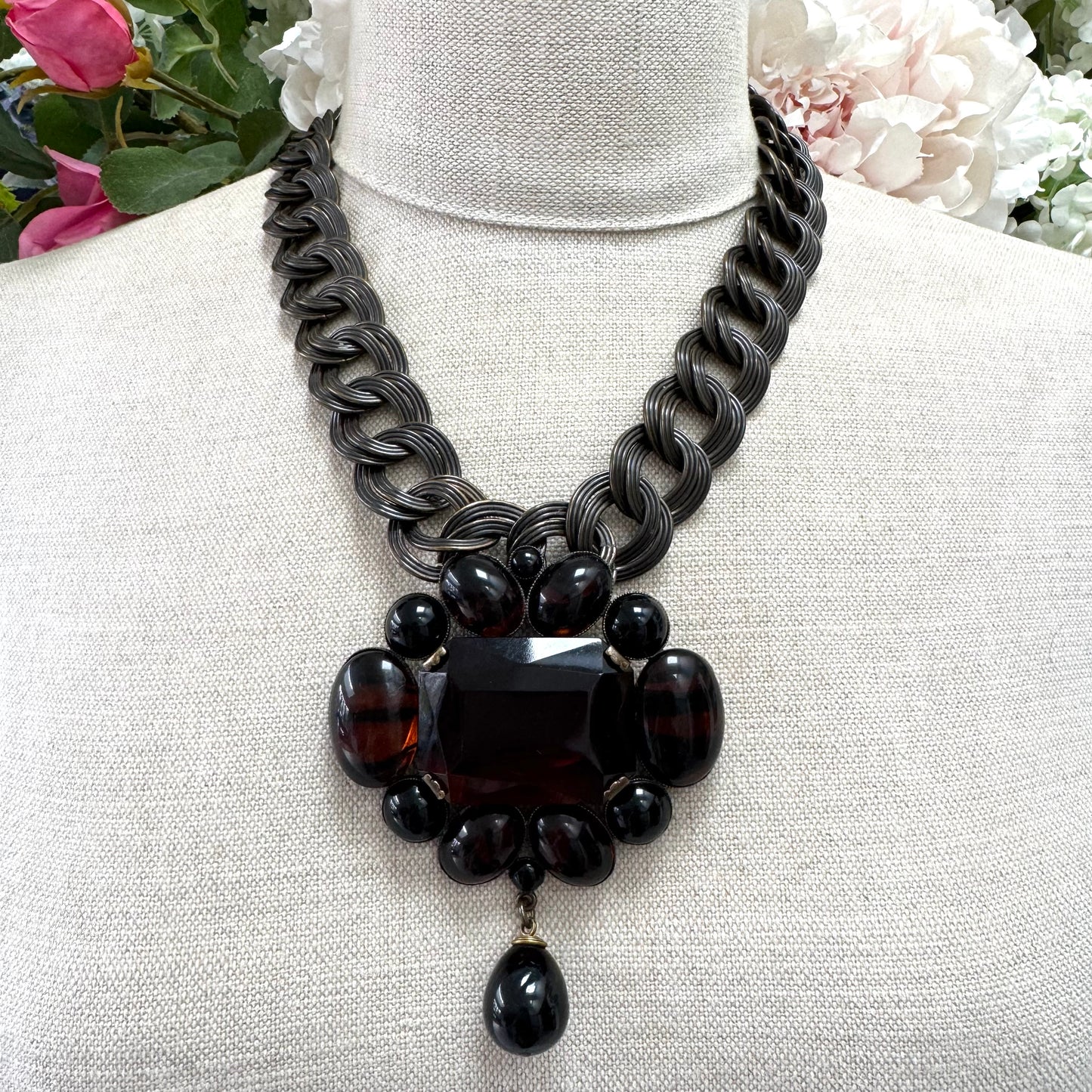 Philippe Ferrandis Huge Antique Bronze Double Flat Link Brown, Black and Striped Topaz Glass Statement Necklace and Bracelet Set