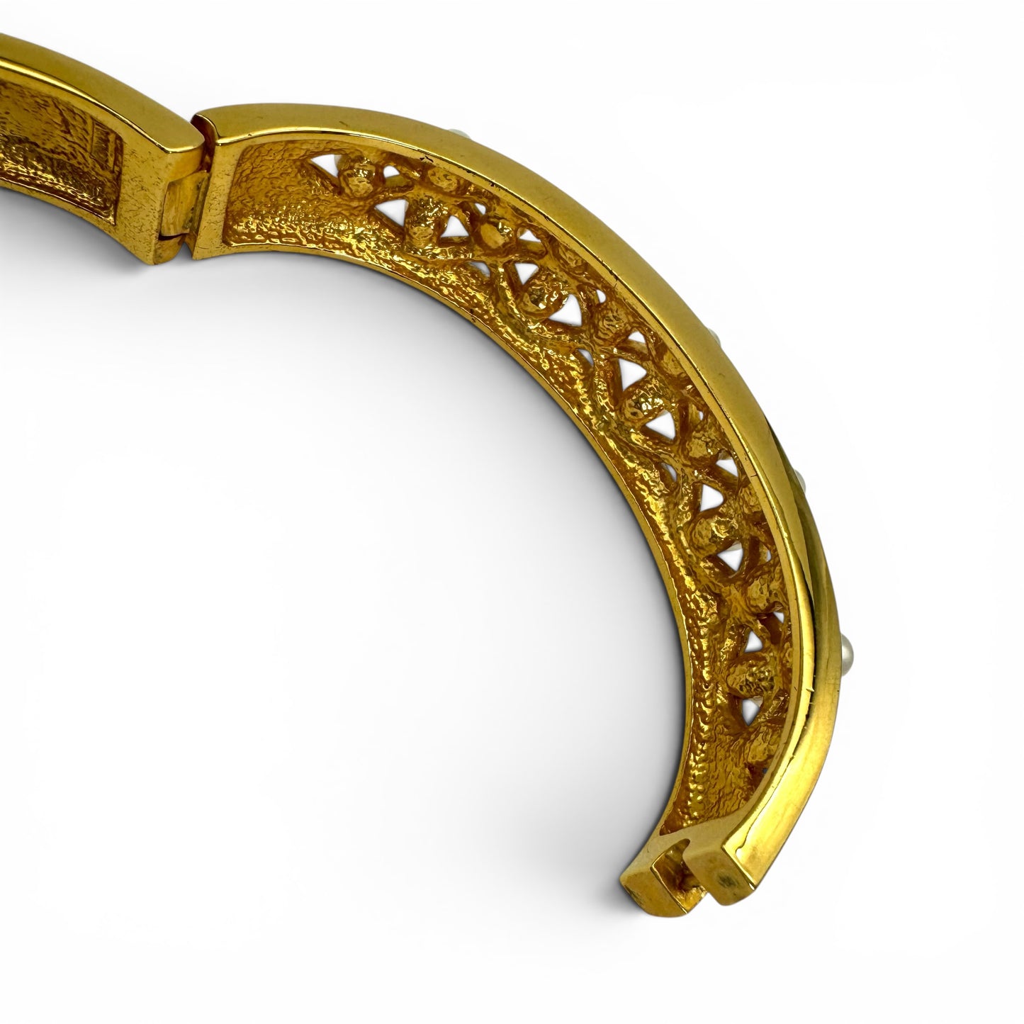 Camrose and Kross JBK 18ct Gold Plated Lattice Glass Faux Pearl and Swarovski Crystal Hinged Bangle