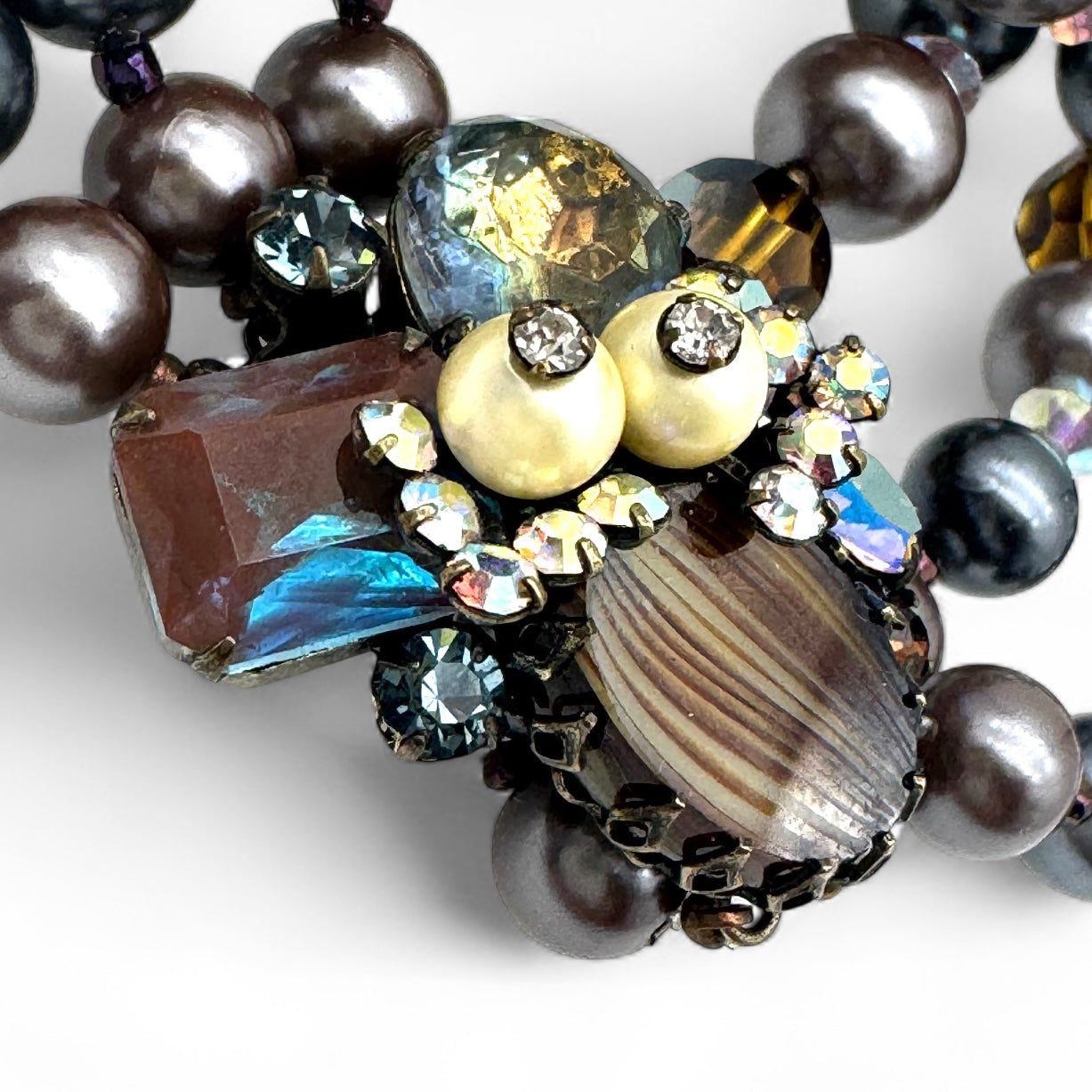 Marvella Sappharine / Saphiret Three Strand Smoky Grey and Chocolate Bronze Faux Pearl Bracelet with Cluster Slide Clasp