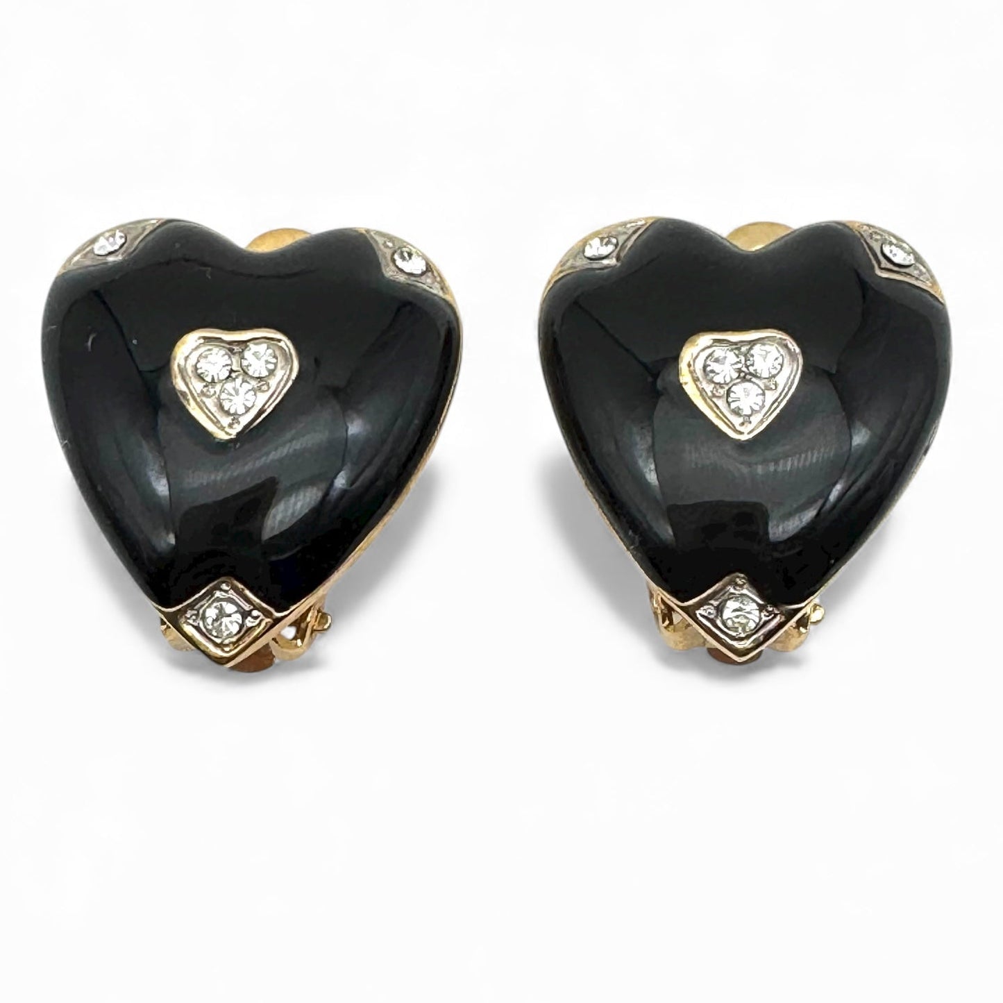 Joan Collins Black Enamel Heart with Swarovski Crystal Accents Clip On Earrings
