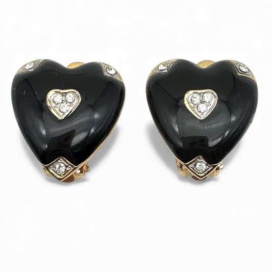 Joan Collins Black Enamel Heart with Swarovski Crystal Accents Clip On Earrings