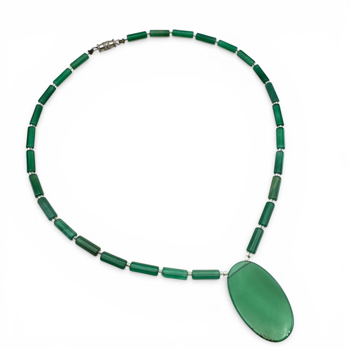 Vintage Art Deco Chrysoprase Hexagonal Tube Bead Necklace with Large Translucent Oval Pendant with Rock Crystal Spacers