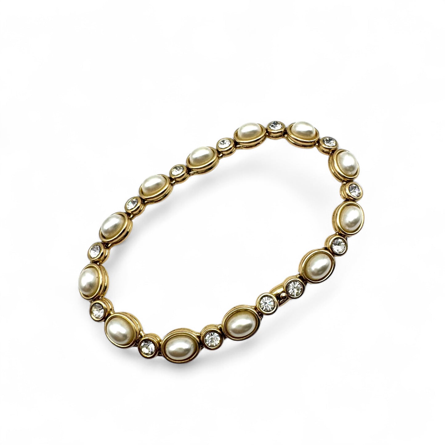 Oval Faux Pearl and Round Crystal Chain Link Bracelet 21cm