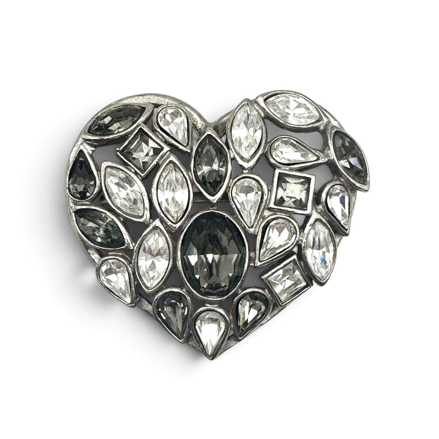 Yves Saint Laurent by Robert Goossens Rare Smoky Grey and Clear Crystal Heart Brooch 1980's