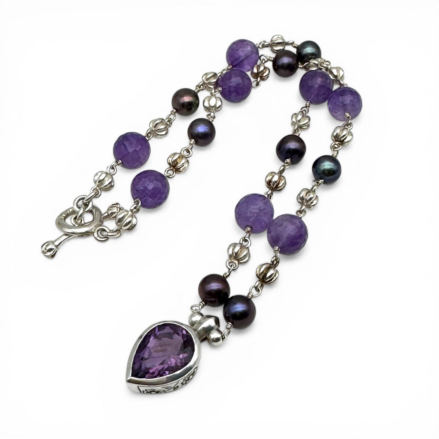 Dower & Hall Amethyst & Freshwater Peacock Pearl Talisman Necklace Engraved 'Love Happiness Luck' in Original Box