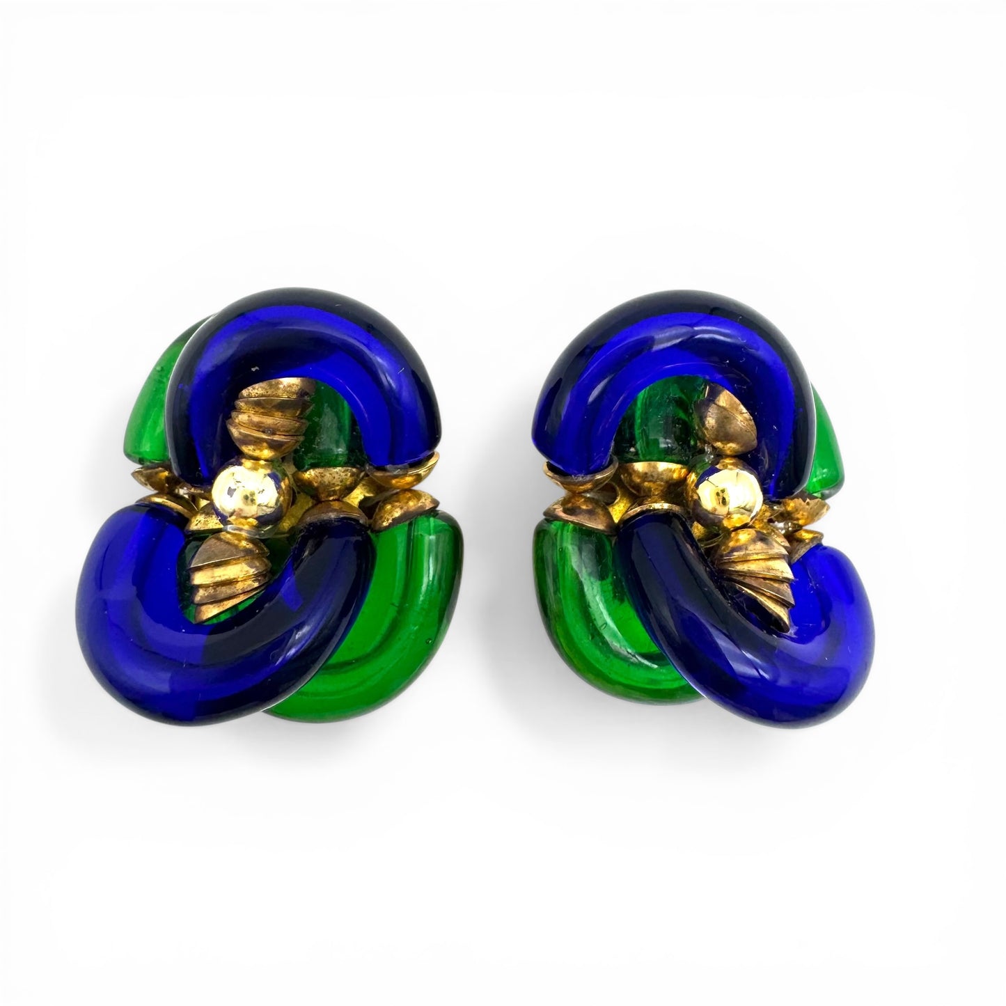Archimede Seguso for The House of Chanel Vintage Murano Glass Clip On Earrings Cobalt Blue and Emerald Green