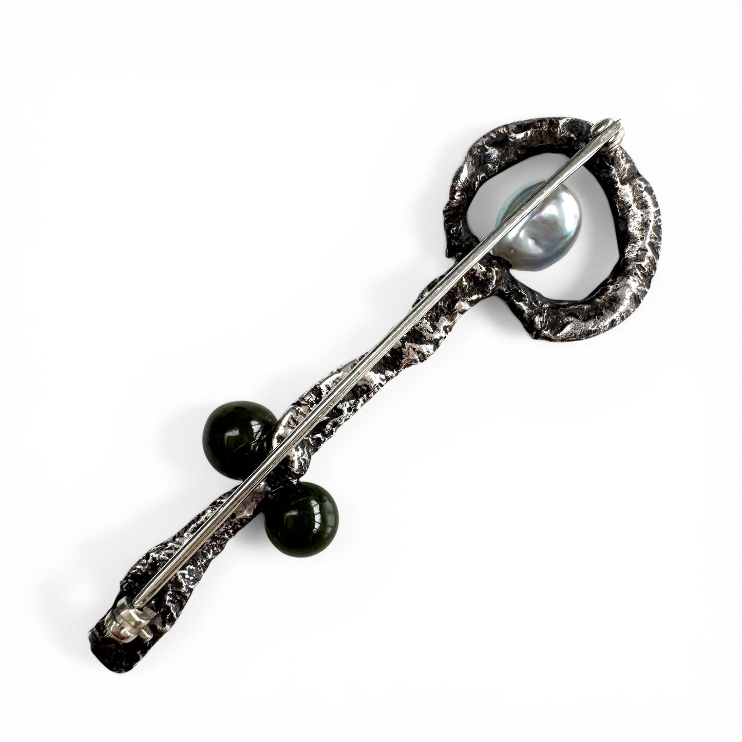 Vintage Sterling Silver Handcrafted Organic Freeform Key Brooch with Baroque Cultured Pearl and Green Stone Accents
