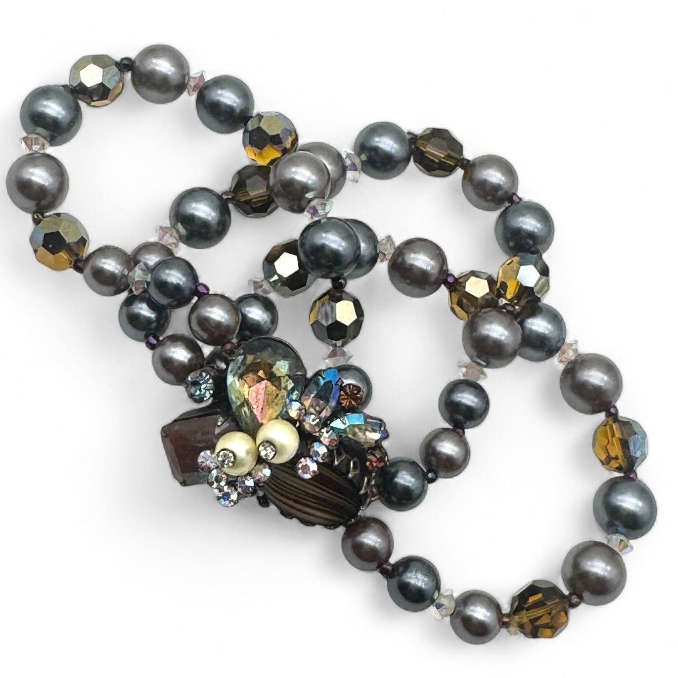 Marvella Sappharine / Saphiret Three Strand Smoky Grey and Chocolate Bronze Faux Pearl Bracelet with Cluster Slide Clasp