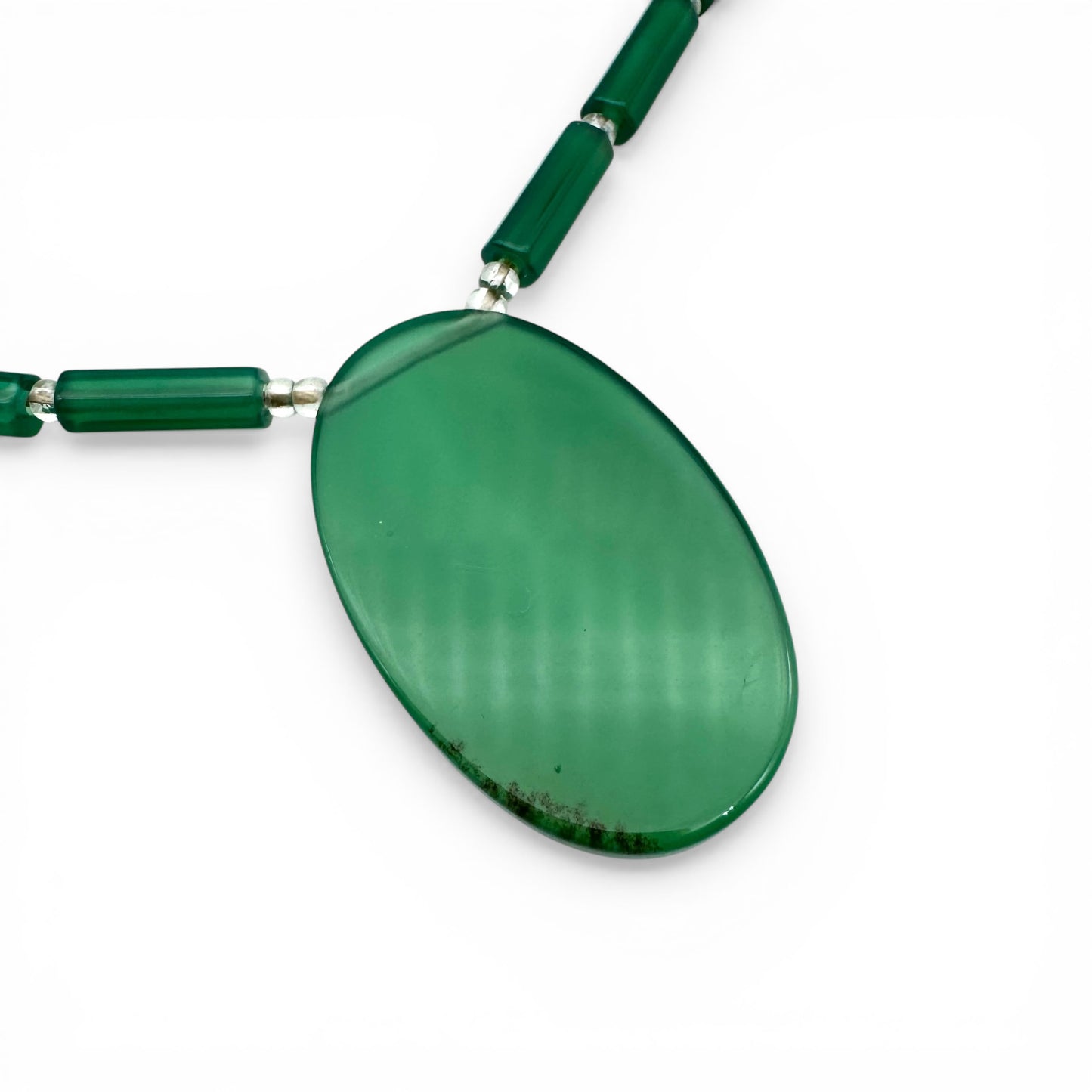 Vintage Art Deco Chrysoprase Hexagonal Tube Bead Necklace with Large Translucent Oval Pendant with Rock Crystal Spacers