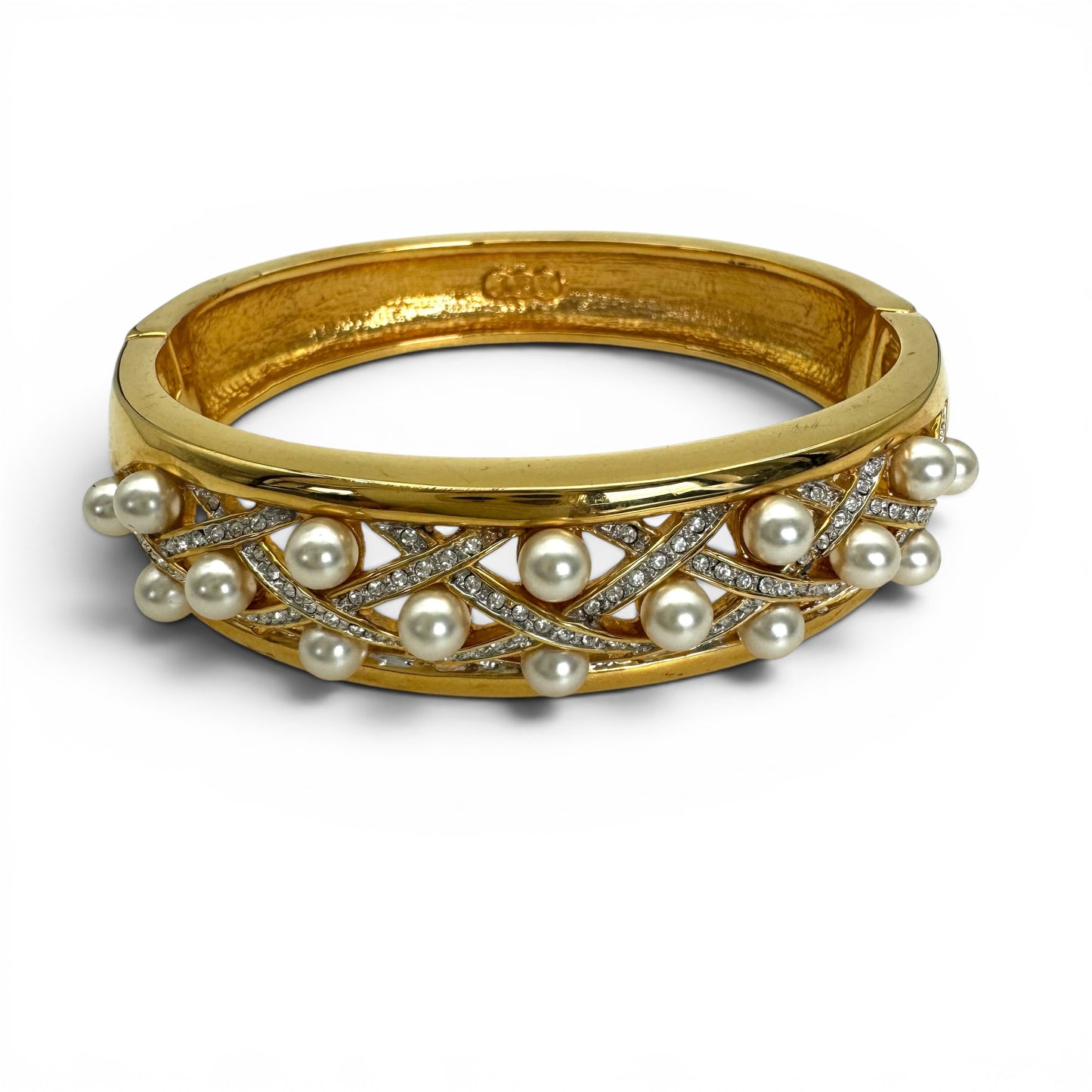 Camrose and Kross JBK 18ct Gold Plated Lattice Glass Faux Pearl and Swarovski Crystal Hinged Bangle