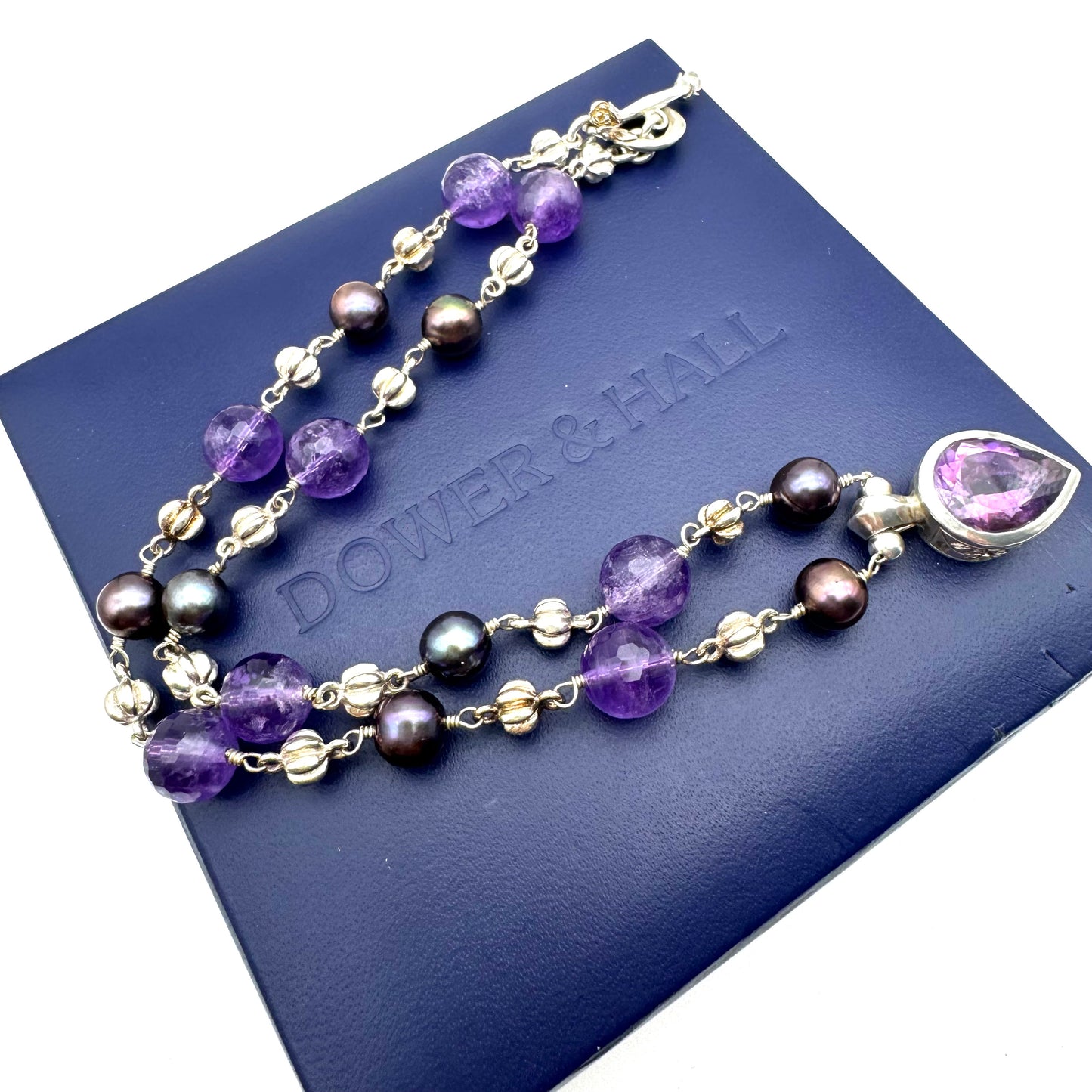 Dower & Hall Amethyst & Freshwater Peacock Pearl Talisman Necklace Engraved 'Love Happiness Luck' in Original Box