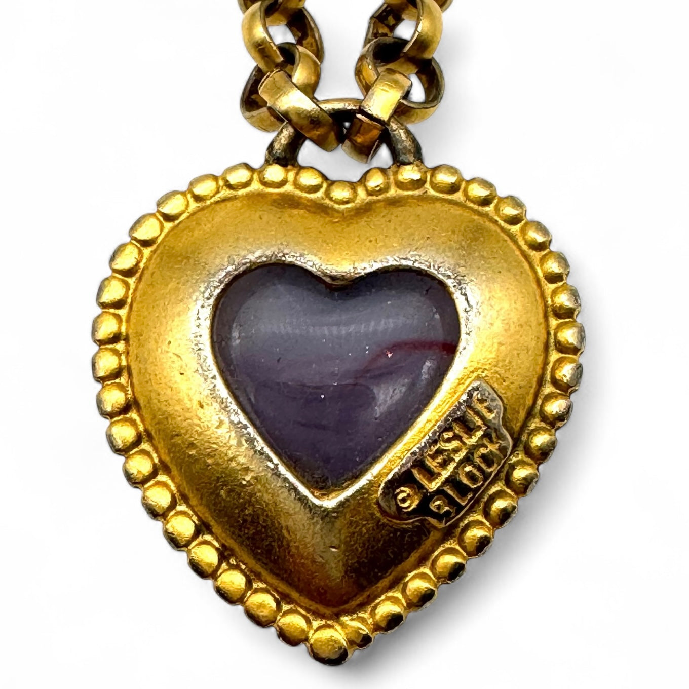 Leslie Block Matte Gold Plated Heart-Shaped Lilac Art Glass Pendant Necklace with Glass and Faux Pearl Bead Accents