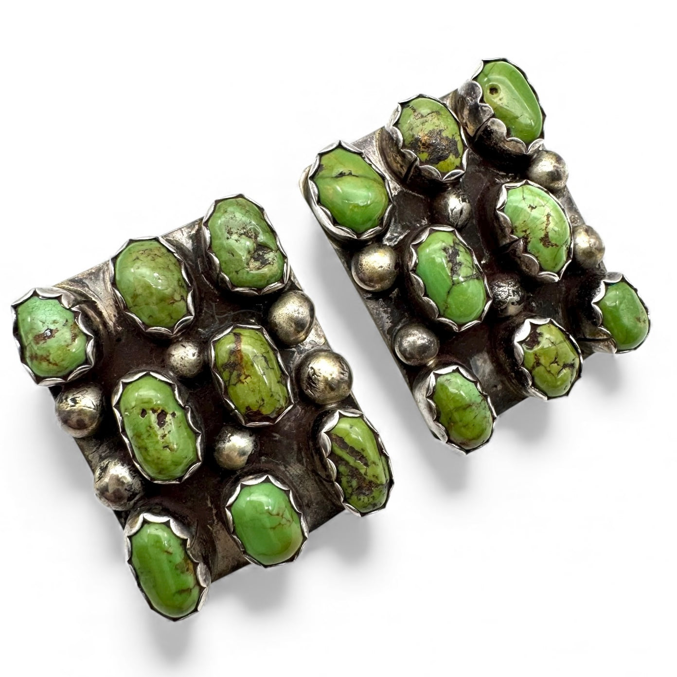 Dorothy Secatero Sterling 'Ds' Navajo Green Turquoise Cluster Pierced Earrings