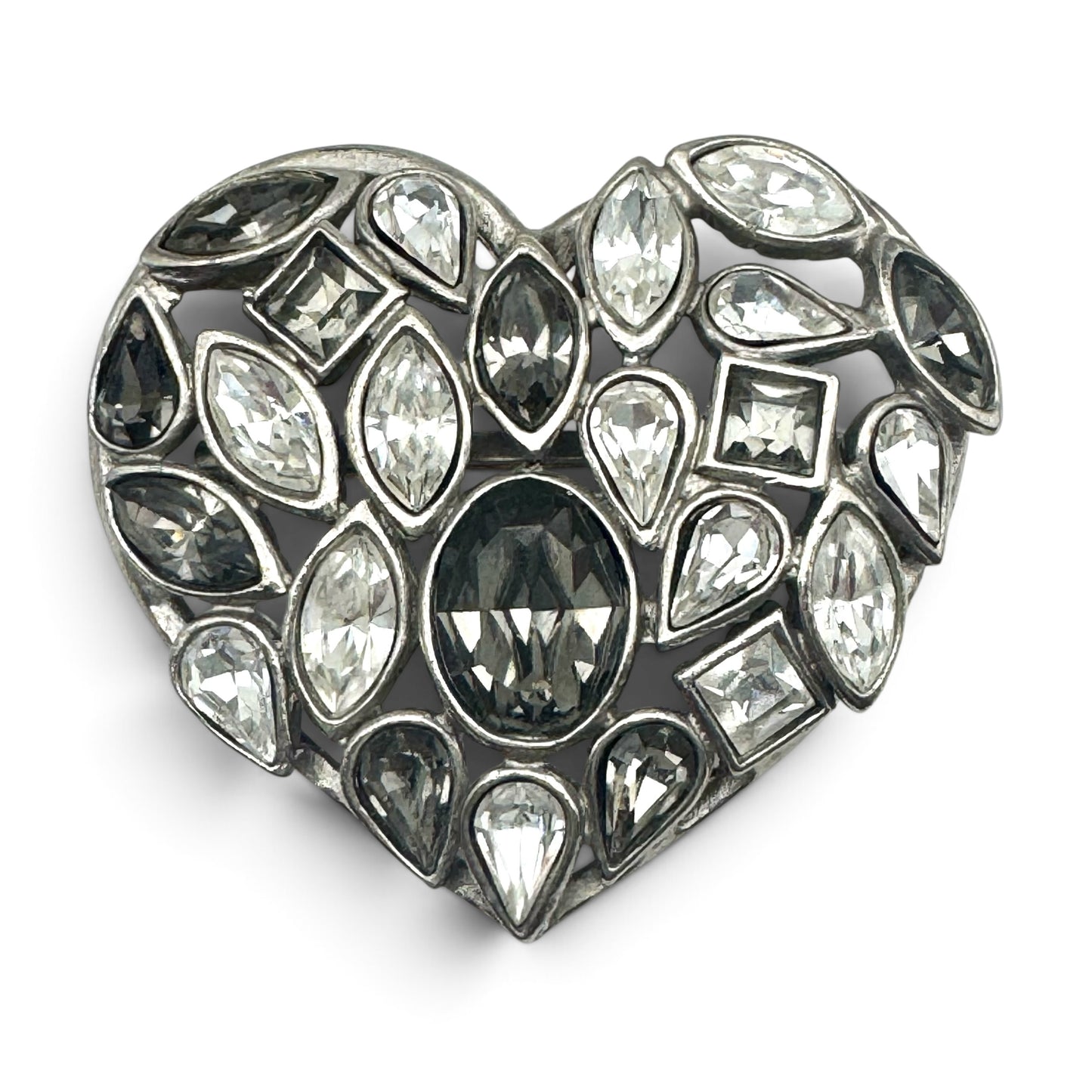 Yves Saint Laurent by Robert Goossens Rare Smoky Grey and Clear Crystal Heart Brooch 1980's