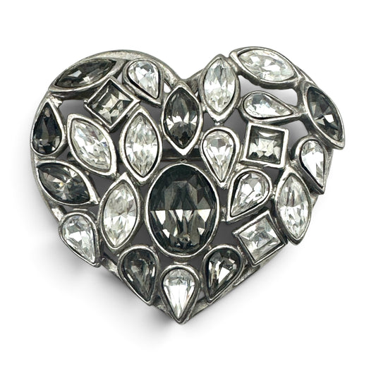 Yves Saint Laurent by Robert Goossens Rare Smoky Grey and Clear Crystal Heart Brooch 1980's