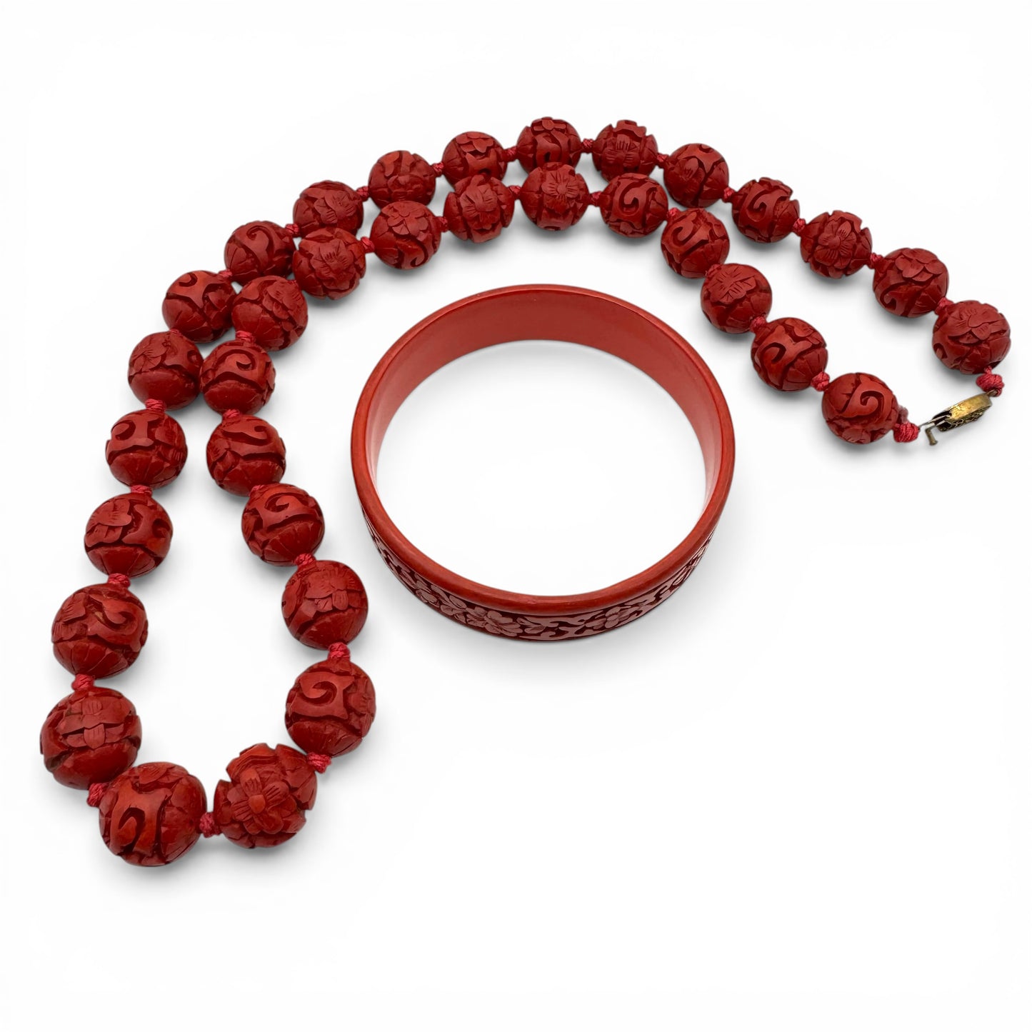 Mid Century Chinese Export Cinnabar Style Wood Core Lacquer Necklace and Bangle