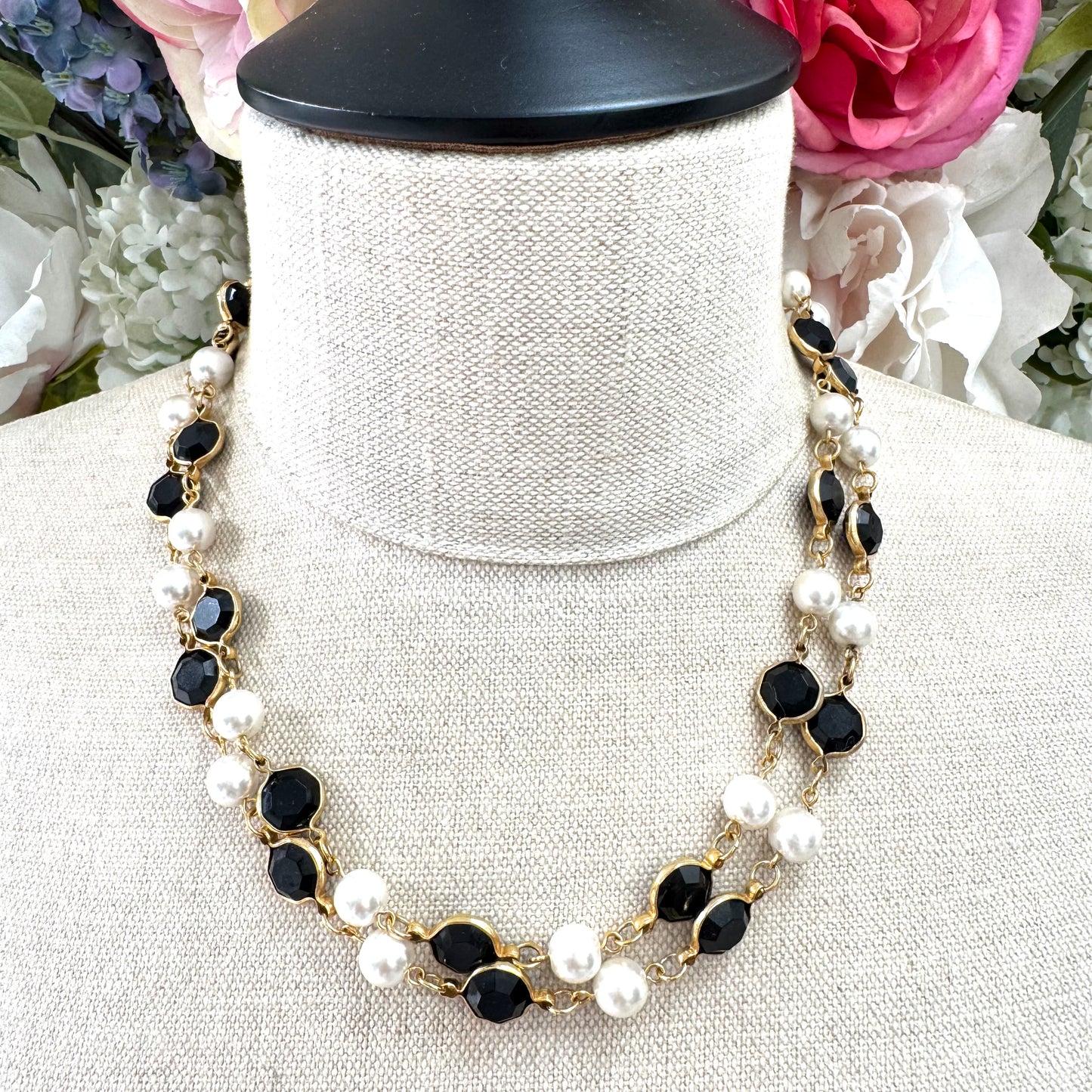 Opera Length Faux Pearl and Black Bezel Set Long Single Strand Necklace