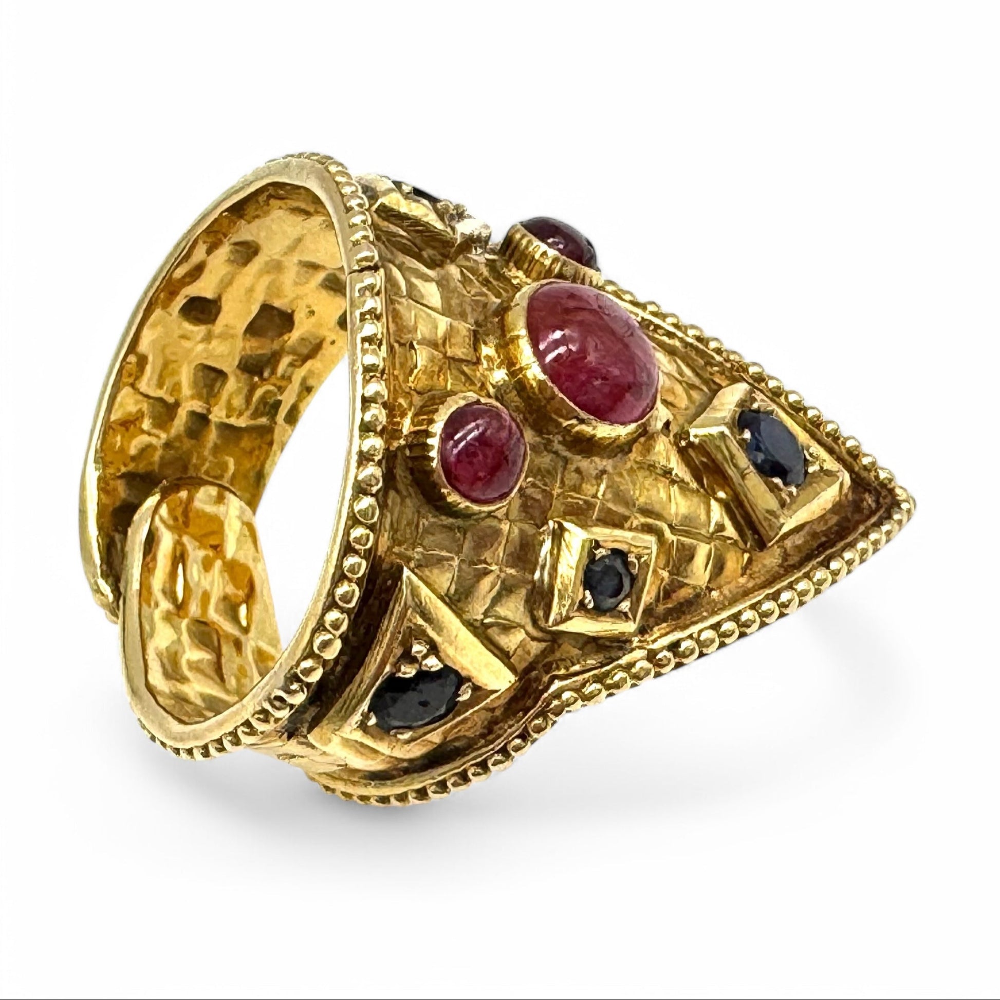 Ilias Lalaounis 18ct Gold Sapphire and Ruby Mosaic Byzantine Ring