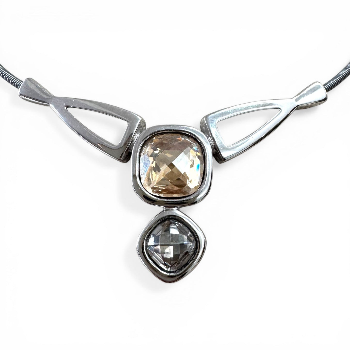 Pierre Lang Rhodium Plated Faceted Crystal Pendant Necklace with Integral Omega Chain