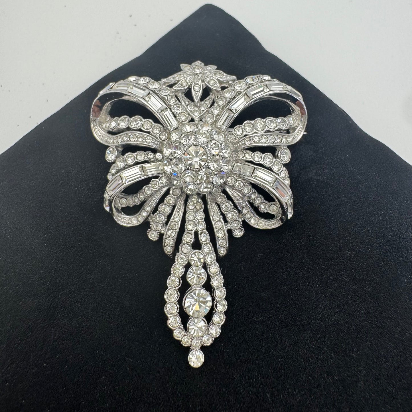 Attwood and Sawyer Rhodium Plated and Swarovski Crystal 'Minuet' Bow Brooch