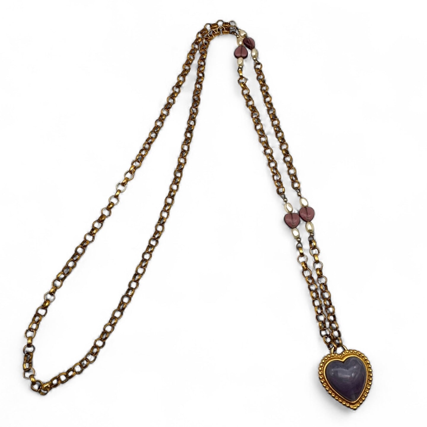 Leslie Block Matte Gold Plated Heart-Shaped Lilac Art Glass Pendant Necklace with Glass and Faux Pearl Bead Accents