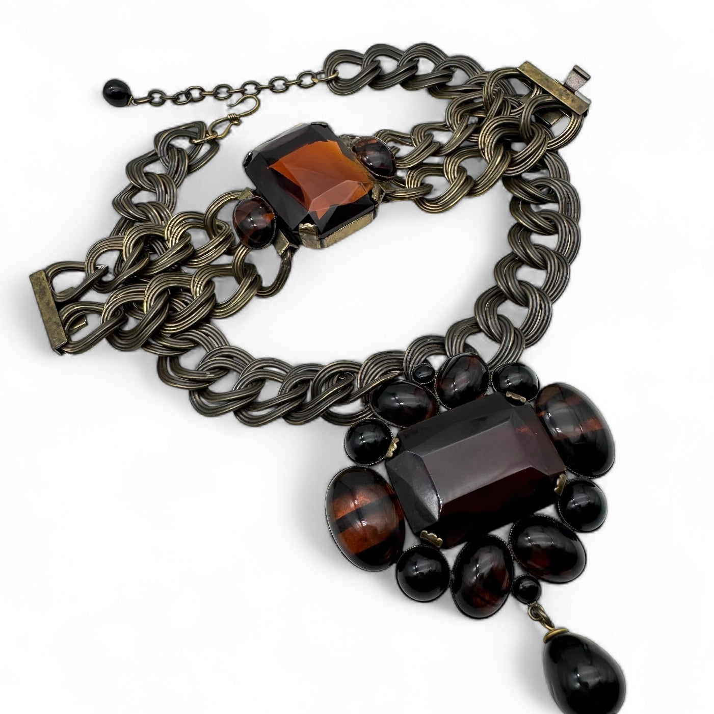 Philippe Ferrandis Huge Antique Bronze Double Flat Link Brown, Black and Striped Topaz Glass Statement Necklace and Bracelet Set