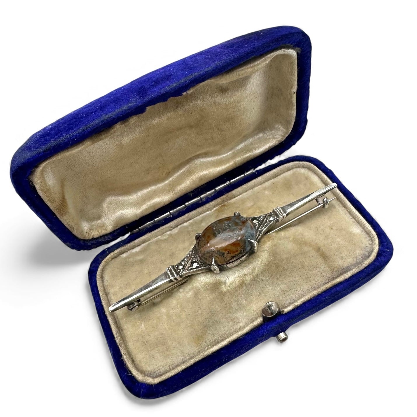 Victorian Scottish Carnelian Moss Agate and Marcasite Silver C Clasp Bar Brooch c. 1880–1900