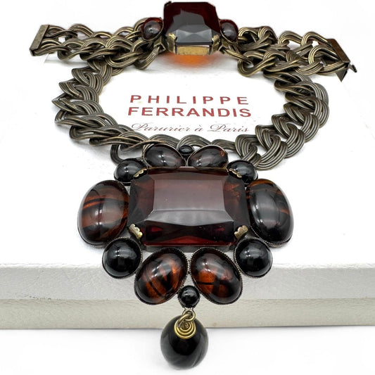 Philippe Ferrandis Huge Antique Bronze Double Flat Link Brown, Black and Striped Topaz Glass Statement Necklace and Bracelet Set