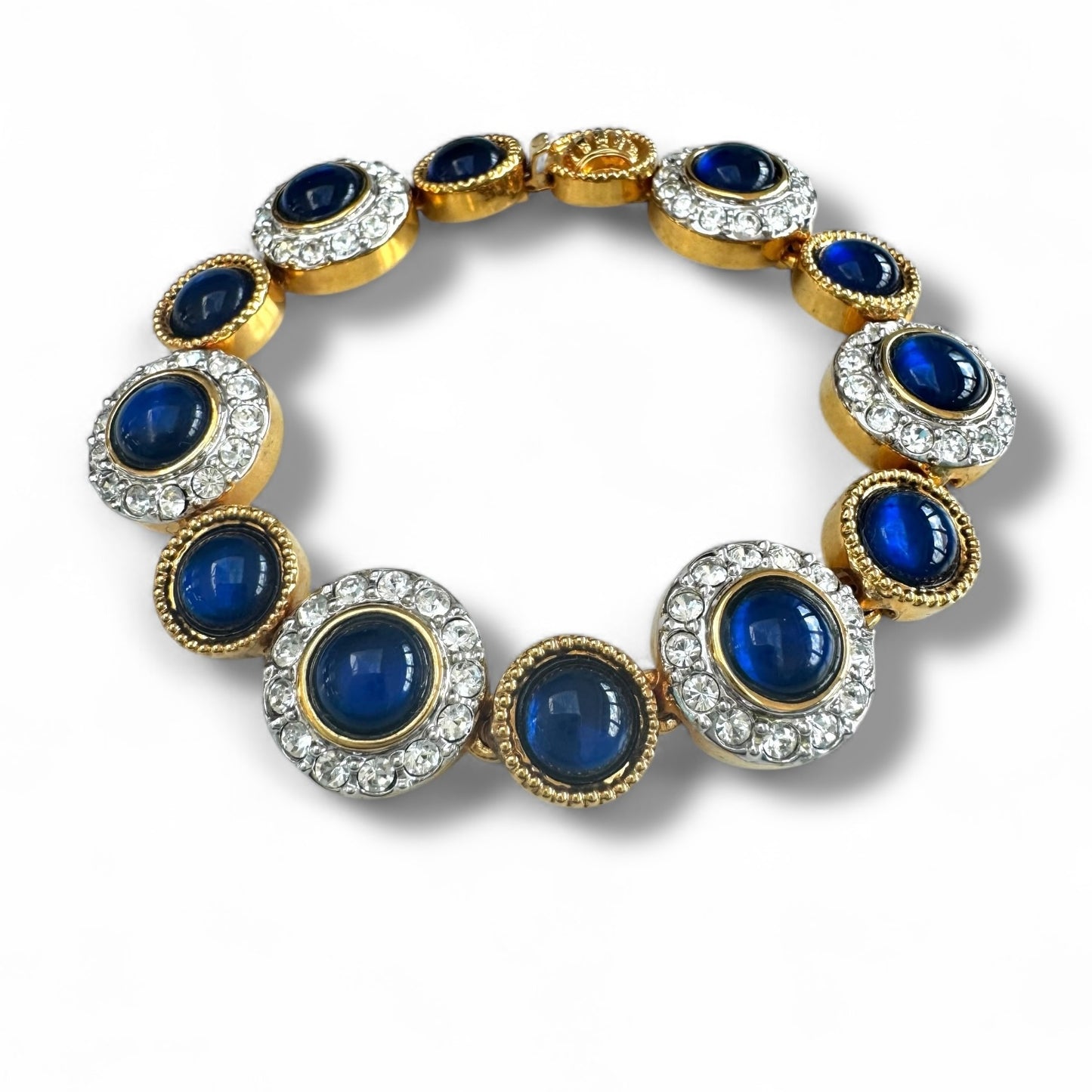 Crown Mark Blue Glass Cabochon and Crystal Gold Plated Bracelet