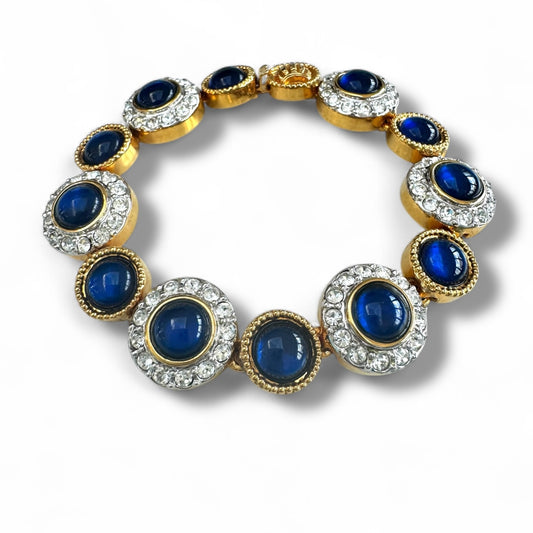Crown Mark Blue Glass Cabochon and Crystal Gold Plated Bracelet