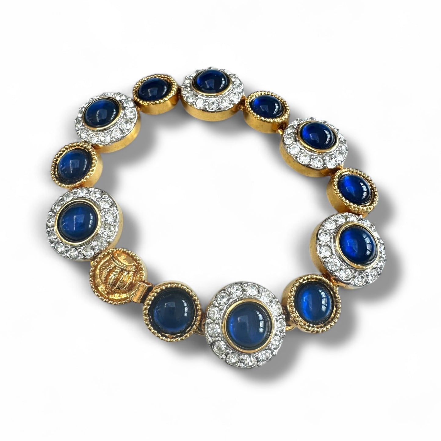 Crown Mark Blue Glass Cabochon and Crystal Gold Plated Bracelet