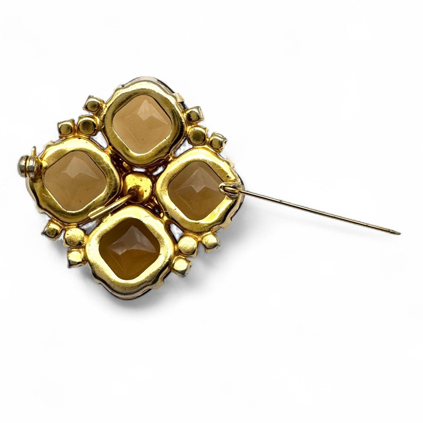 1950s Open Back Cushion-Shaped Topaz Glass Quatrefoil Brooch