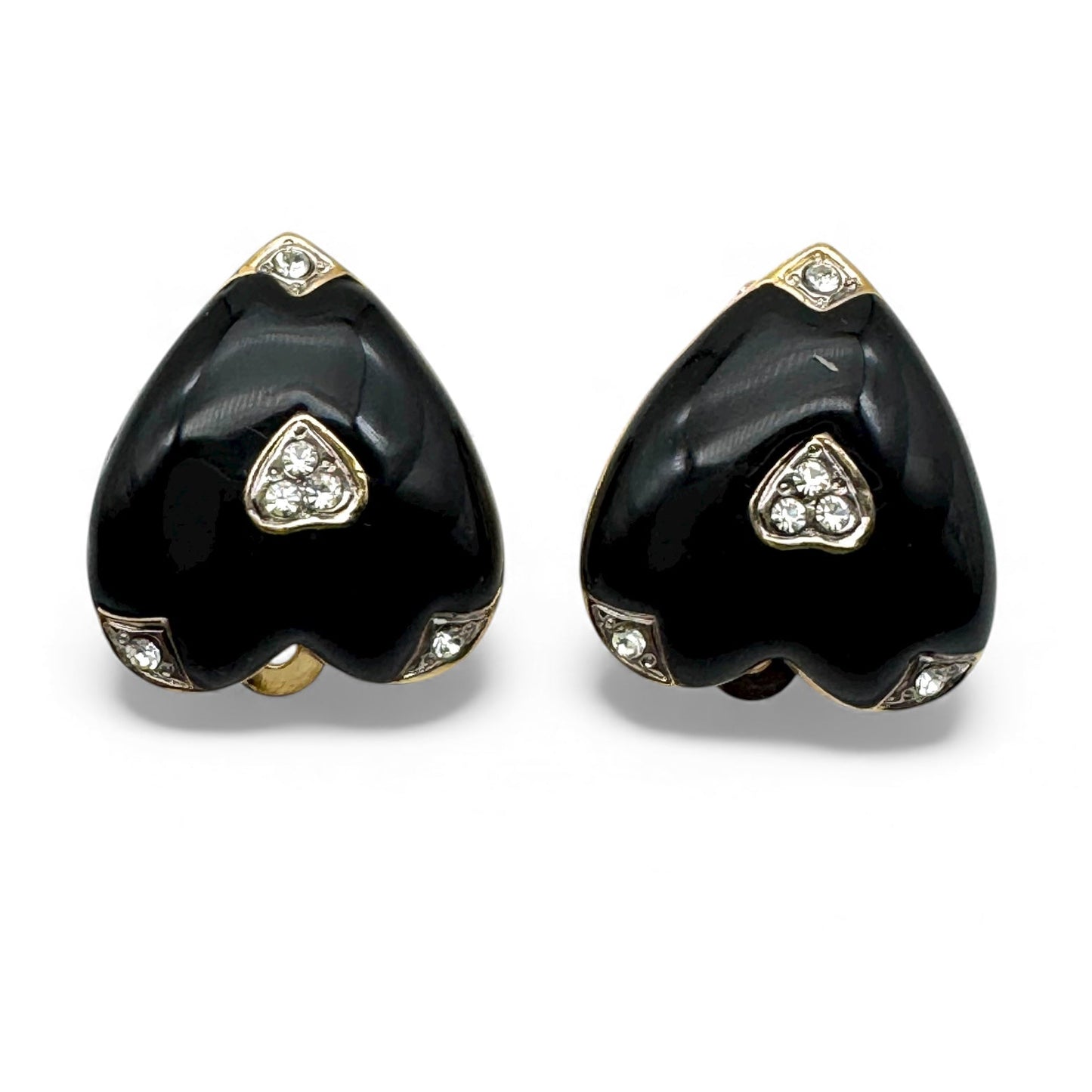 Joan Collins Black Enamel Heart with Swarovski Crystal Accents Clip On Earrings